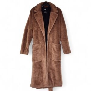 Zara Women's Brown Faux Fur Coat Size M NEW